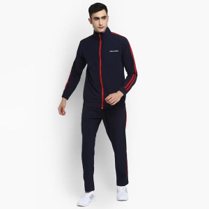 Men Navy Blue & Red Solid Tracksuit