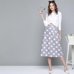 Grey & White Polka Dot Print Cotton Linen Front Slit Midi A-Line Skirt